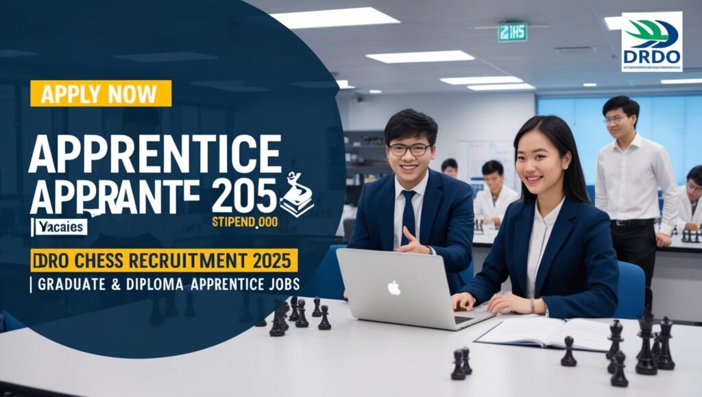 DRDO Apprentice 2025 – Apply Now | 25 Vacancies | Stipend ₹9,000"
👉 Bold text + DRDO logo + Apprentice icon + ₹9000 highlighted.

"DRDO CHESS Recruitment 2025 | Graduate & Diploma Apprentice Jobs"
👉 Use a background of DRDO headquarters or lab with young professionals